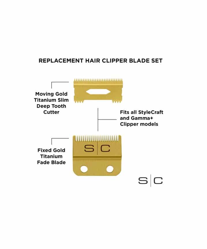 Stylecraft Fixed Gold Titanium Fade Hair Clipper Blade with Moving Gold Titanium Slim Deep Tooth Cutter Set